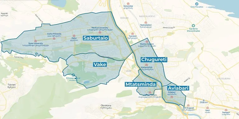 Location of central districts on the map of Tbilisi