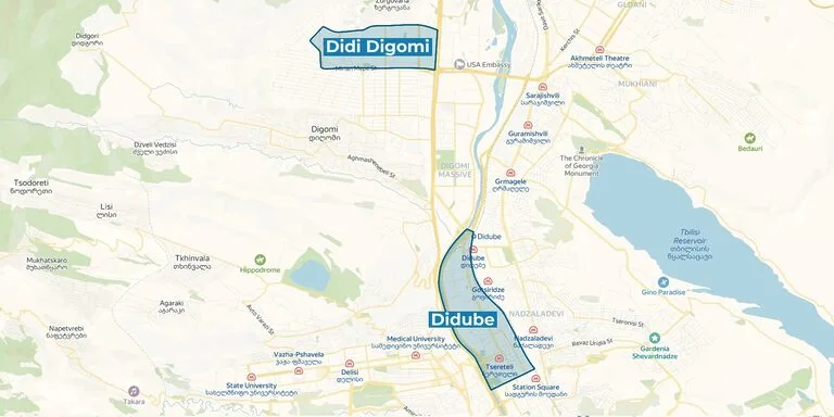 Location of Didi Digomi and Didube on the map of Tbilisi