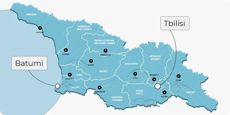 Location of cities on the map of Georgia